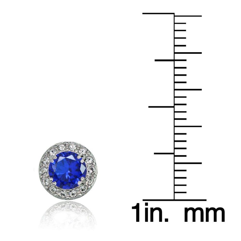 Sterling Silver Created Blue Sapphire and CZ Accents Round Halo Stud Earrings-3