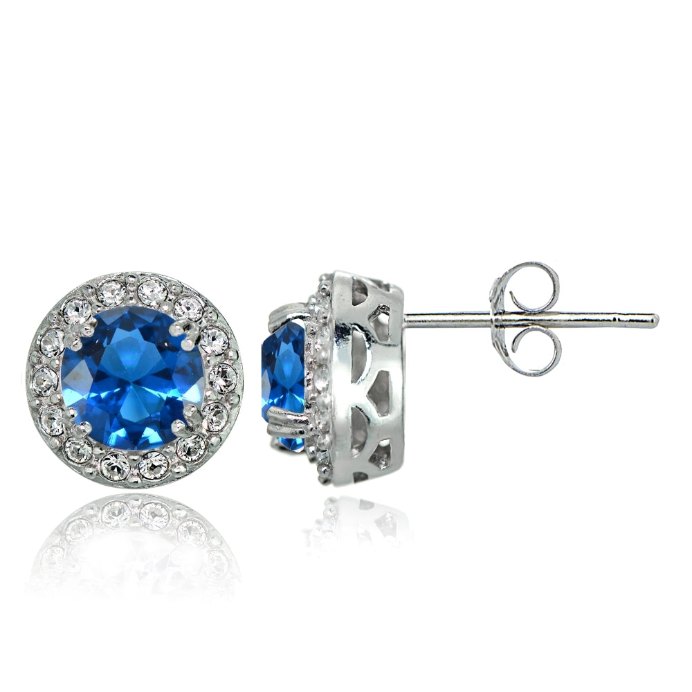 Sterling Silver Created London Blue Topaz and CZ Accents Round Halo Stud Earrings