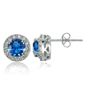 Sterling Silver Created London Blue Topaz and CZ Accents Round Halo Stud Earrings