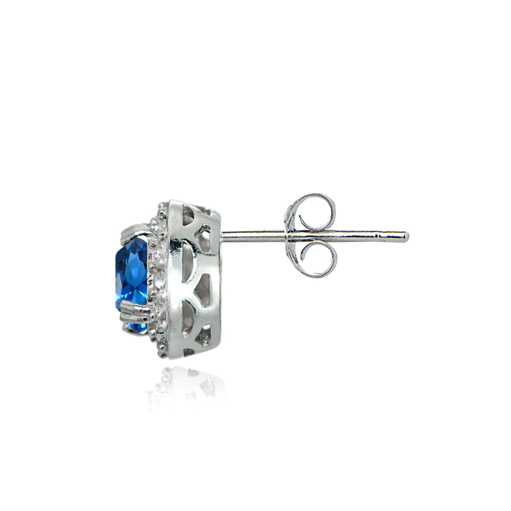 Sterling Silver Created London Blue Topaz and CZ Accents Round Halo Stud Earrings-2