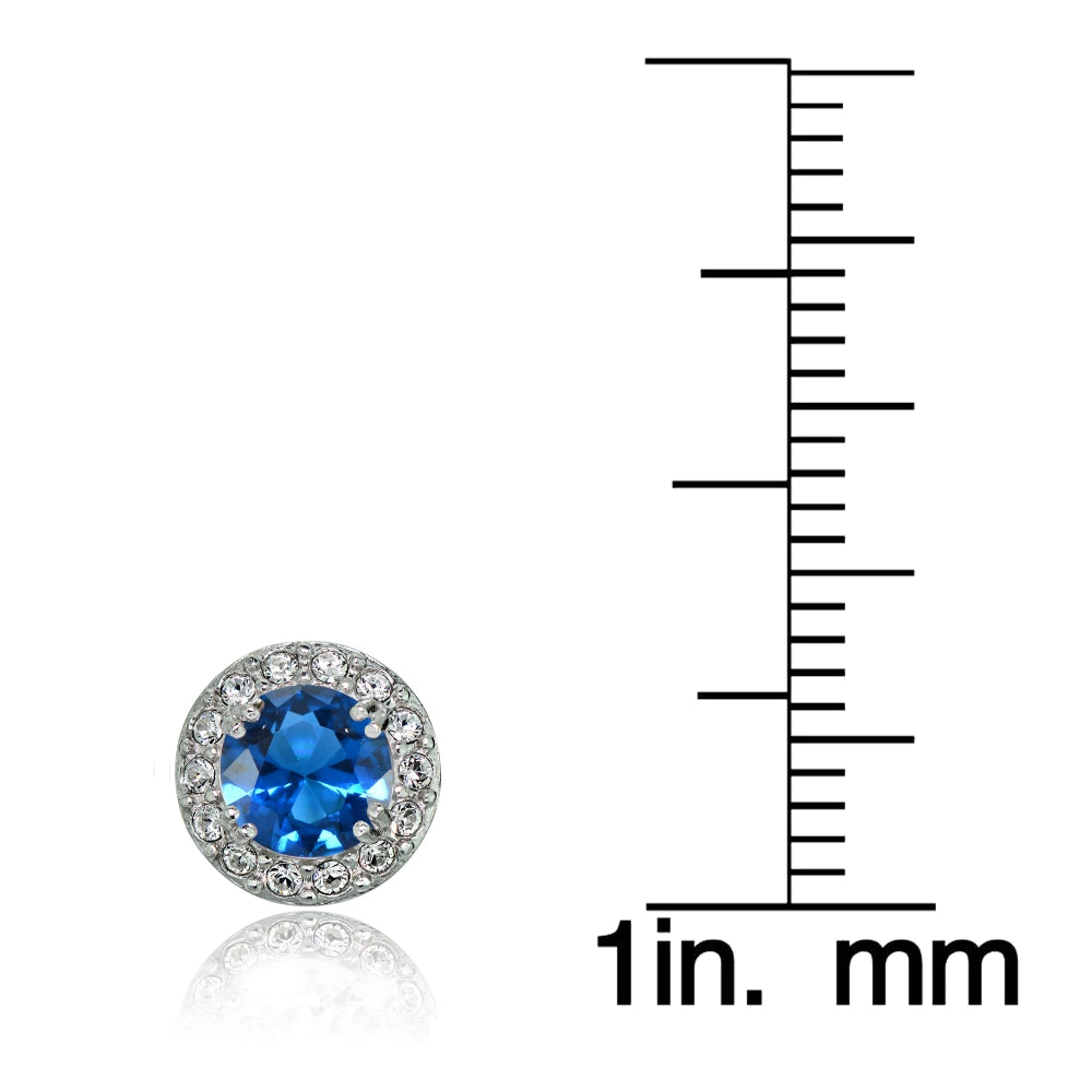 Sterling Silver Created London Blue Topaz and CZ Accents Round Halo Stud Earrings-3