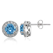 Sterling Silver Created Blue Topaz and CZ Accents Round Halo Stud Earrings