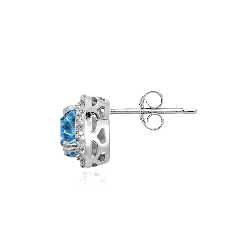 Sterling Silver Created Blue Topaz and CZ Accents Round Halo Stud Earrings-2