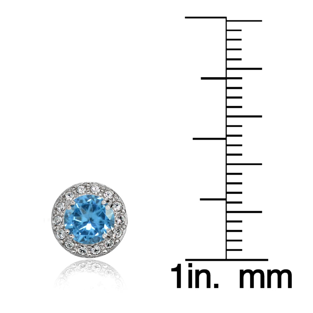 Sterling Silver Created Blue Topaz and CZ Accents Round Halo Stud Earrings-3