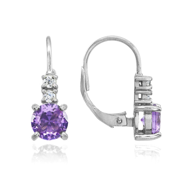 Sterling Silver Created Amethyst 6mm Round and CZ Accents Leverback Earrings