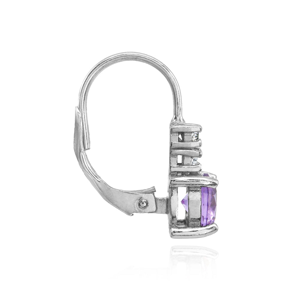 Sterling Silver Created Amethyst 6mm Round and CZ Accents Leverback Earrings-2
