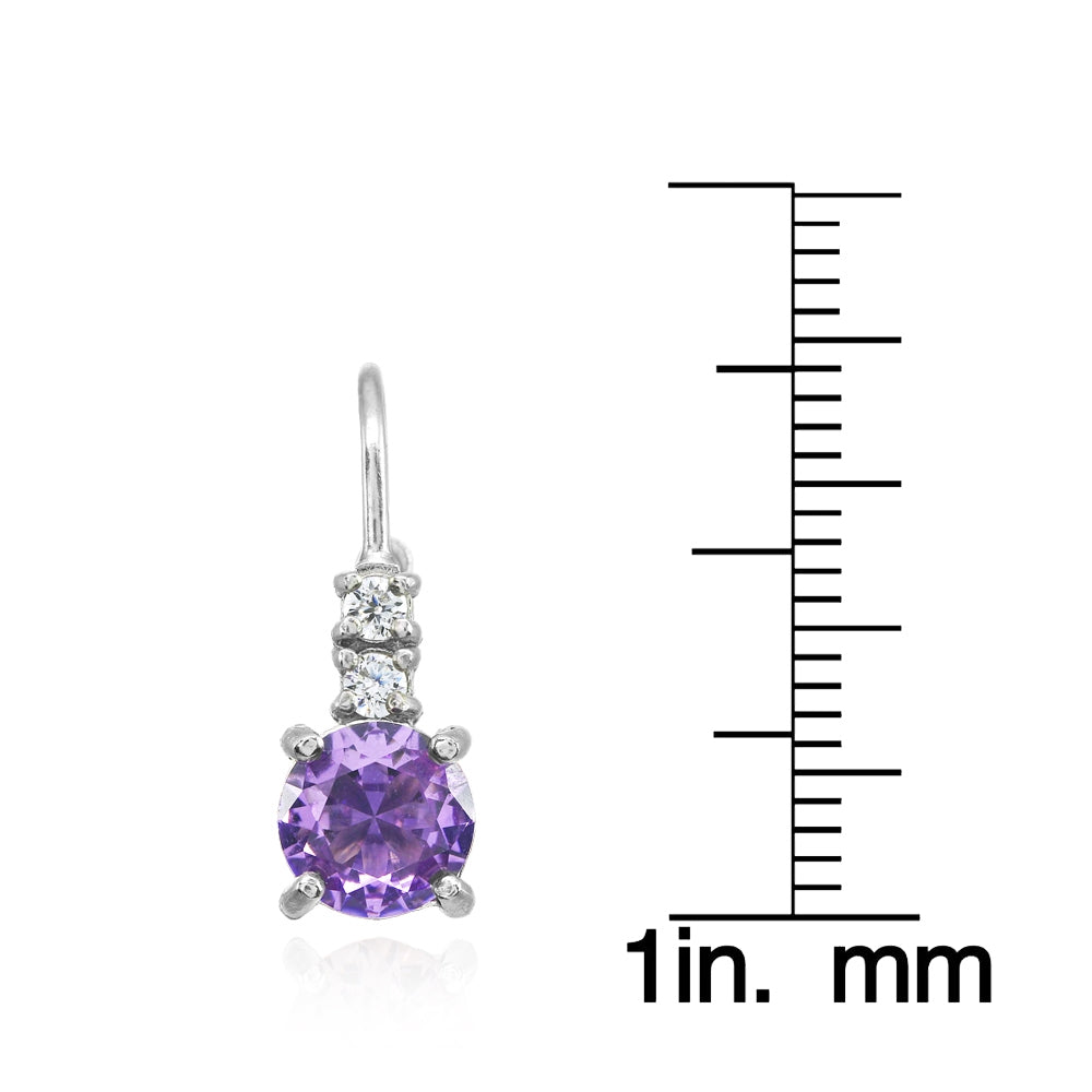 Sterling Silver Created Amethyst 6mm Round and CZ Accents Leverback Earrings-3
