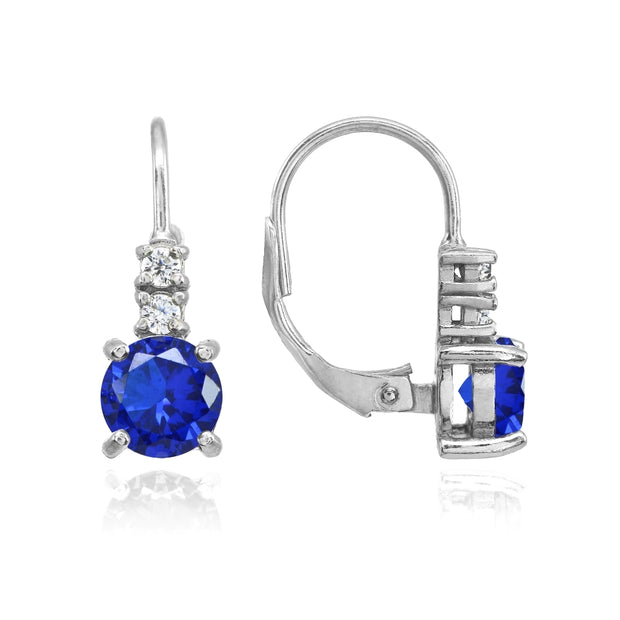 Sterling Silver Created Blue Sapphire 6mm Round and CZ Accents Leverback Earrings