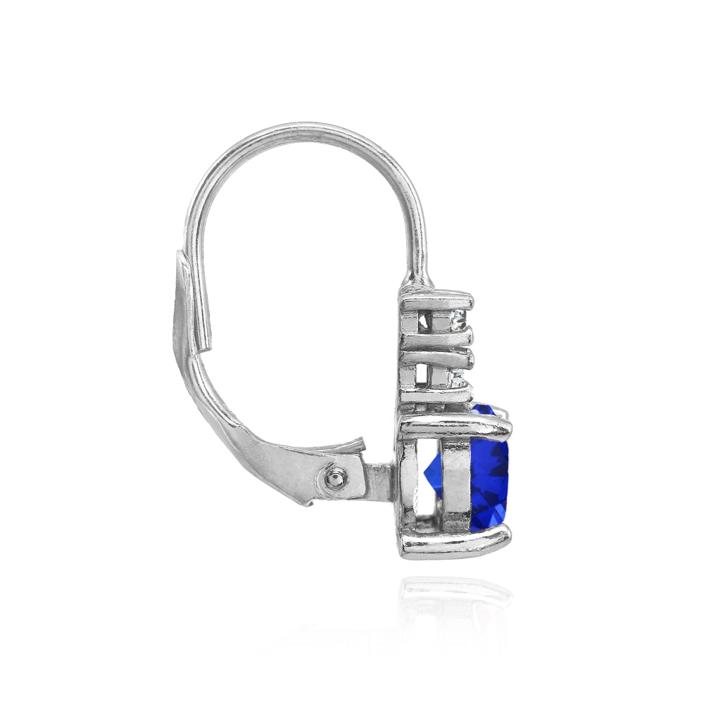 Sterling Silver Created Blue Sapphire 6mm Round and CZ Accents Leverback Earrings-2