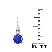 Sterling Silver Created Blue Sapphire 6mm Round and CZ Accents Leverback Earrings