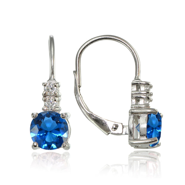 Sterling Silver Created London Blue Topaz 6mm Round and CZ Accents Leverback Earrings