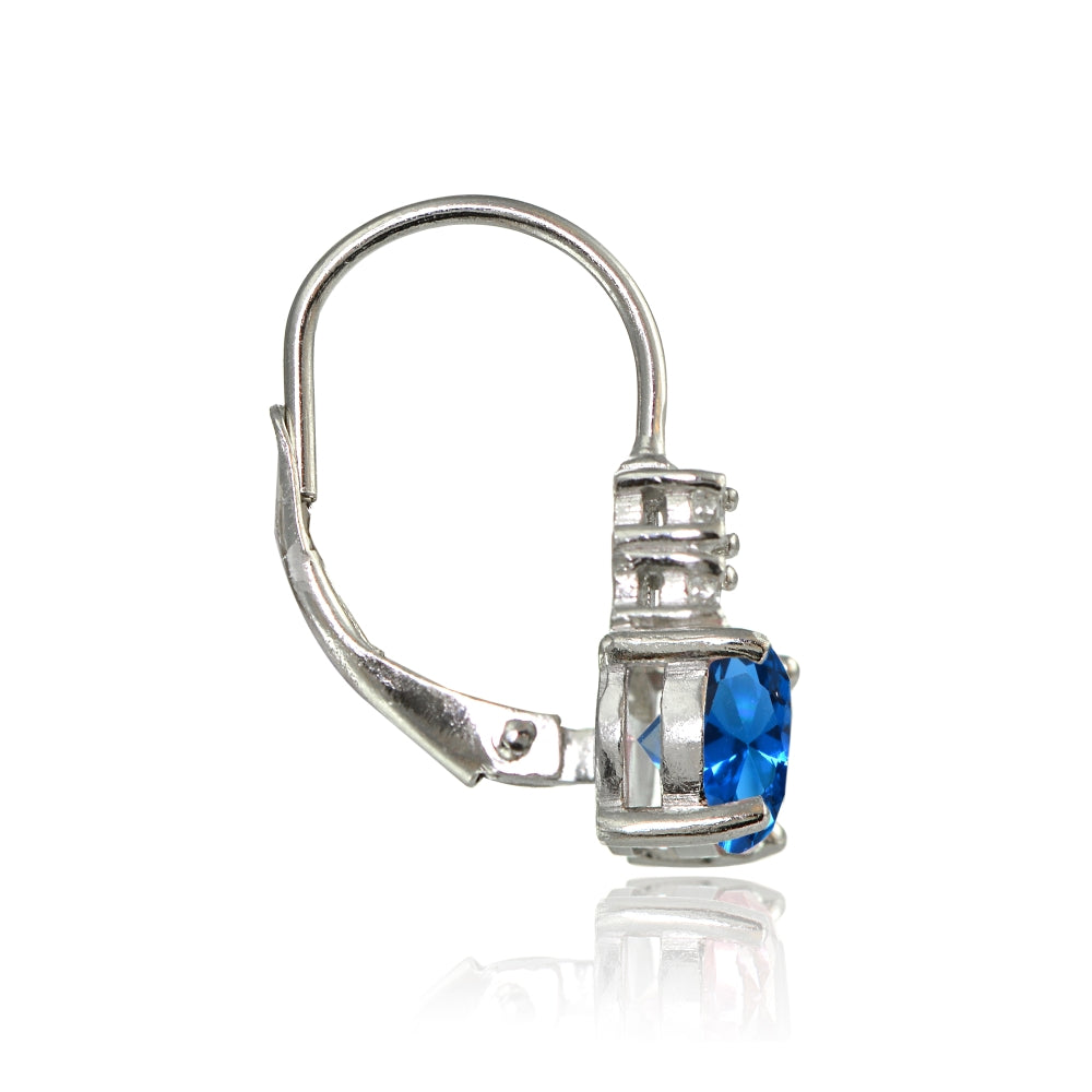 Sterling Silver Created London Blue Topaz 6mm Round and CZ Accents Leverback Earrings-2