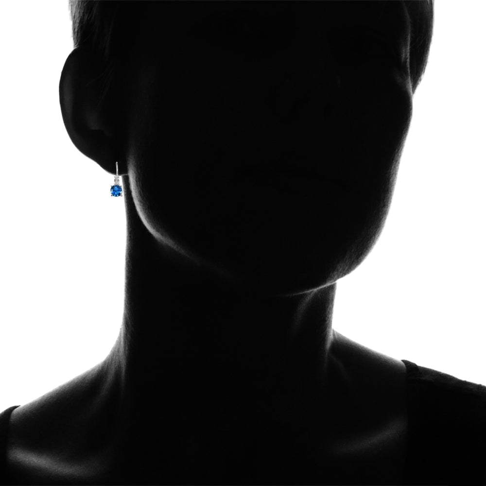 Sterling Silver Created London Blue Topaz 6mm Round and CZ Accents Leverback Earrings-4