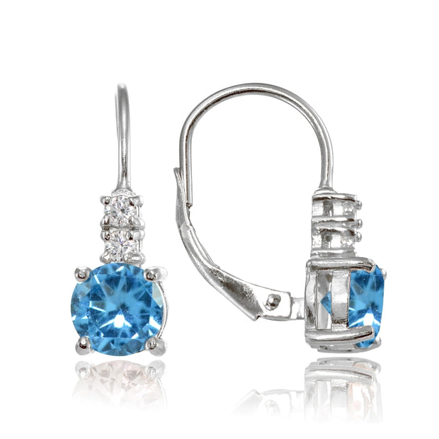Sterling Silver Created Blue Topaz 6mm Round and CZ Accents Leverback Earrings