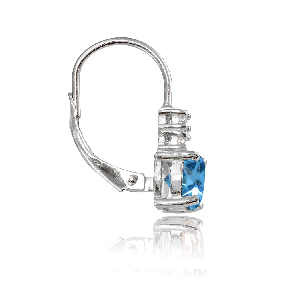 Sterling Silver Created Blue Topaz 6mm Round and CZ Accents Leverback Earrings-2