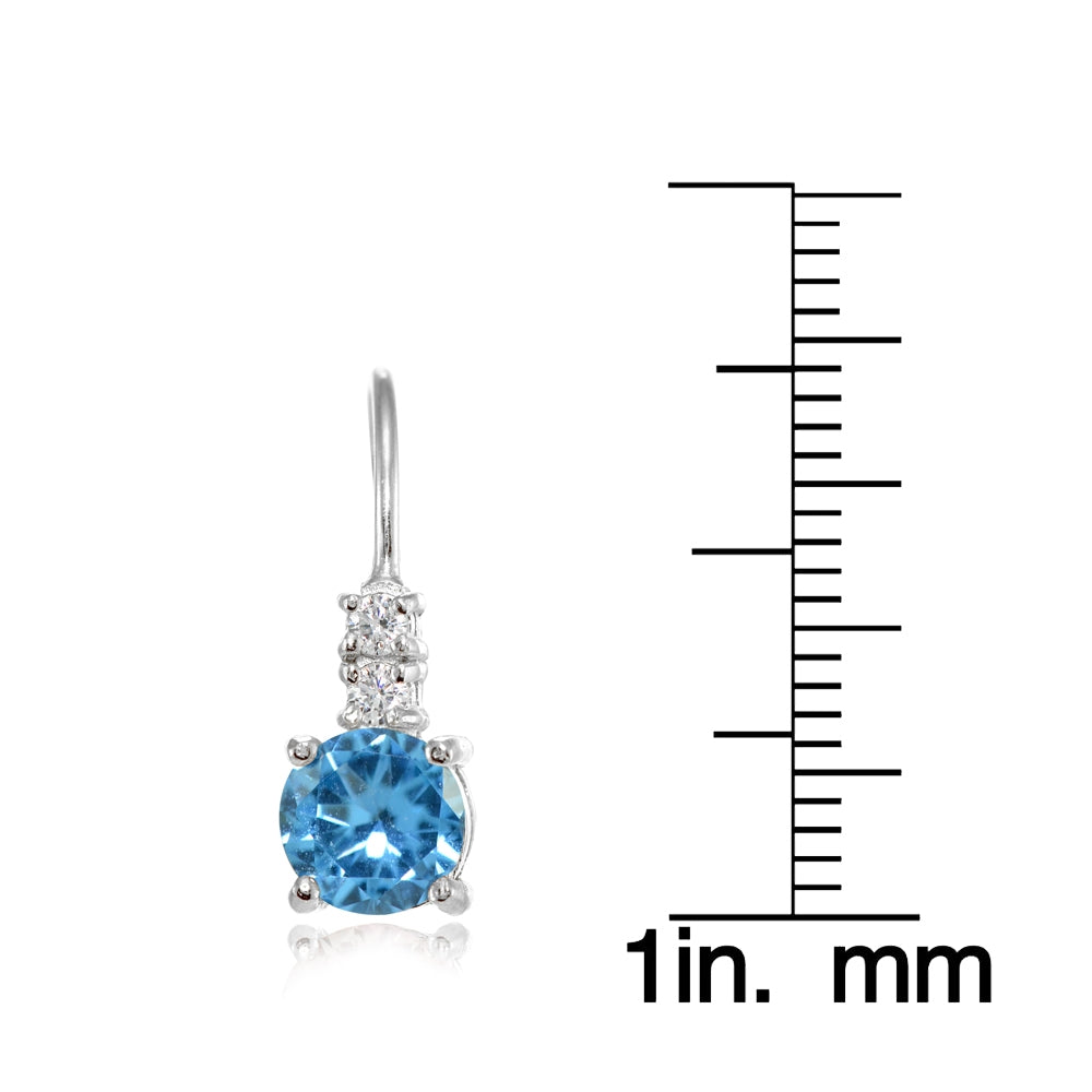 Sterling Silver Created Blue Topaz 6mm Round and CZ Accents Leverback Earrings-3