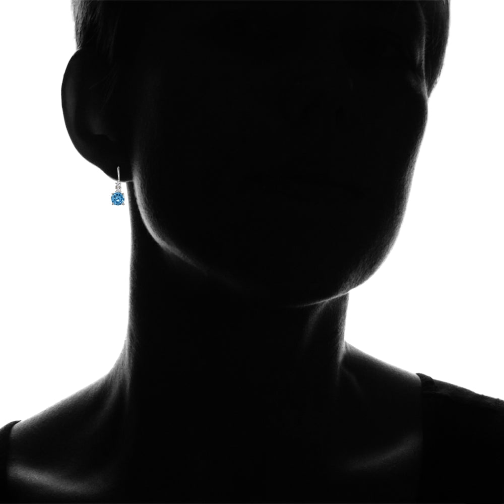 Sterling Silver Created Blue Topaz 6mm Round and CZ Accents Leverback Earrings-4
