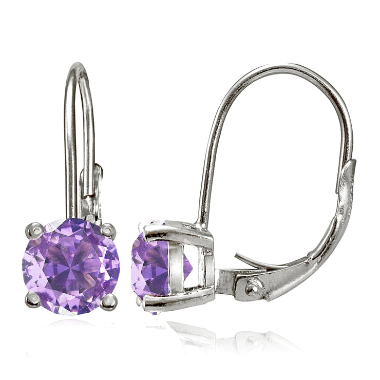 Sterling Silver Created Amethyst 6mm Round Leverback Earrings