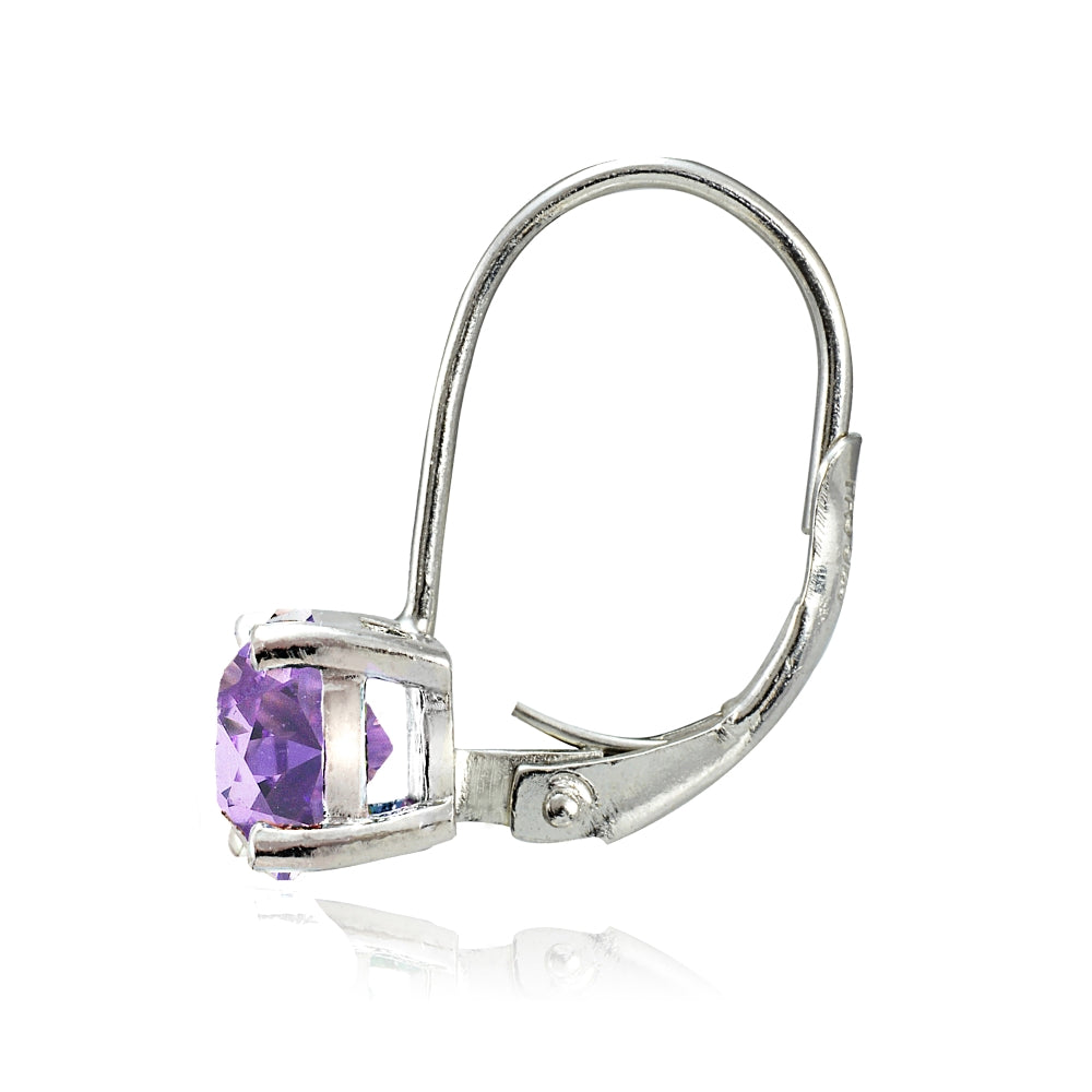 Sterling Silver Created Amethyst 6mm Round Leverback Earrings-2
