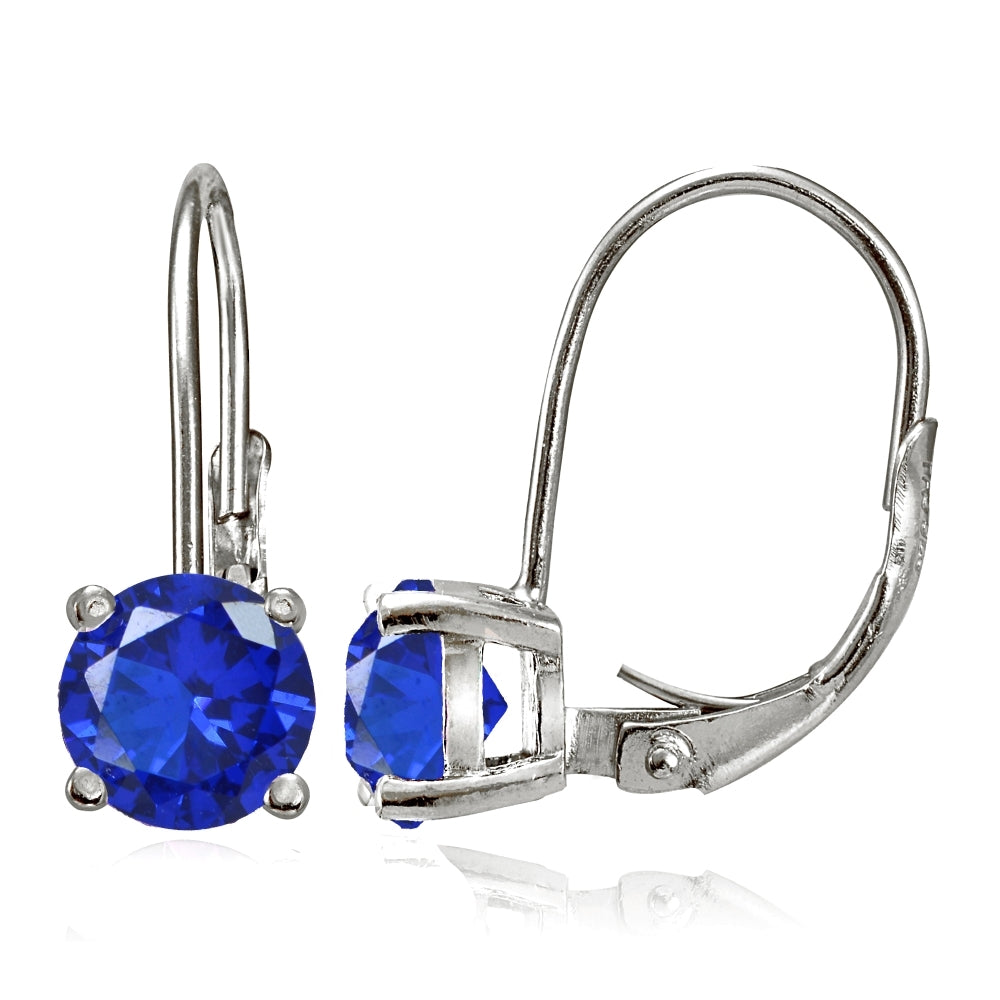 Sterling Silver Created Blue Sapphire 6mm Round Leverback Earrings