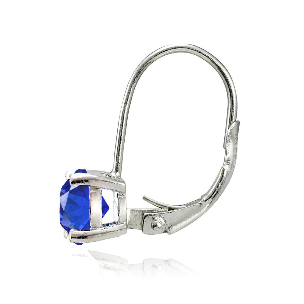 Sterling Silver Created Blue Sapphire 6mm Round Leverback Earrings-2