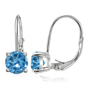 Sterling Silver Created Blue Topaz 6mm Round Leverback Earrings