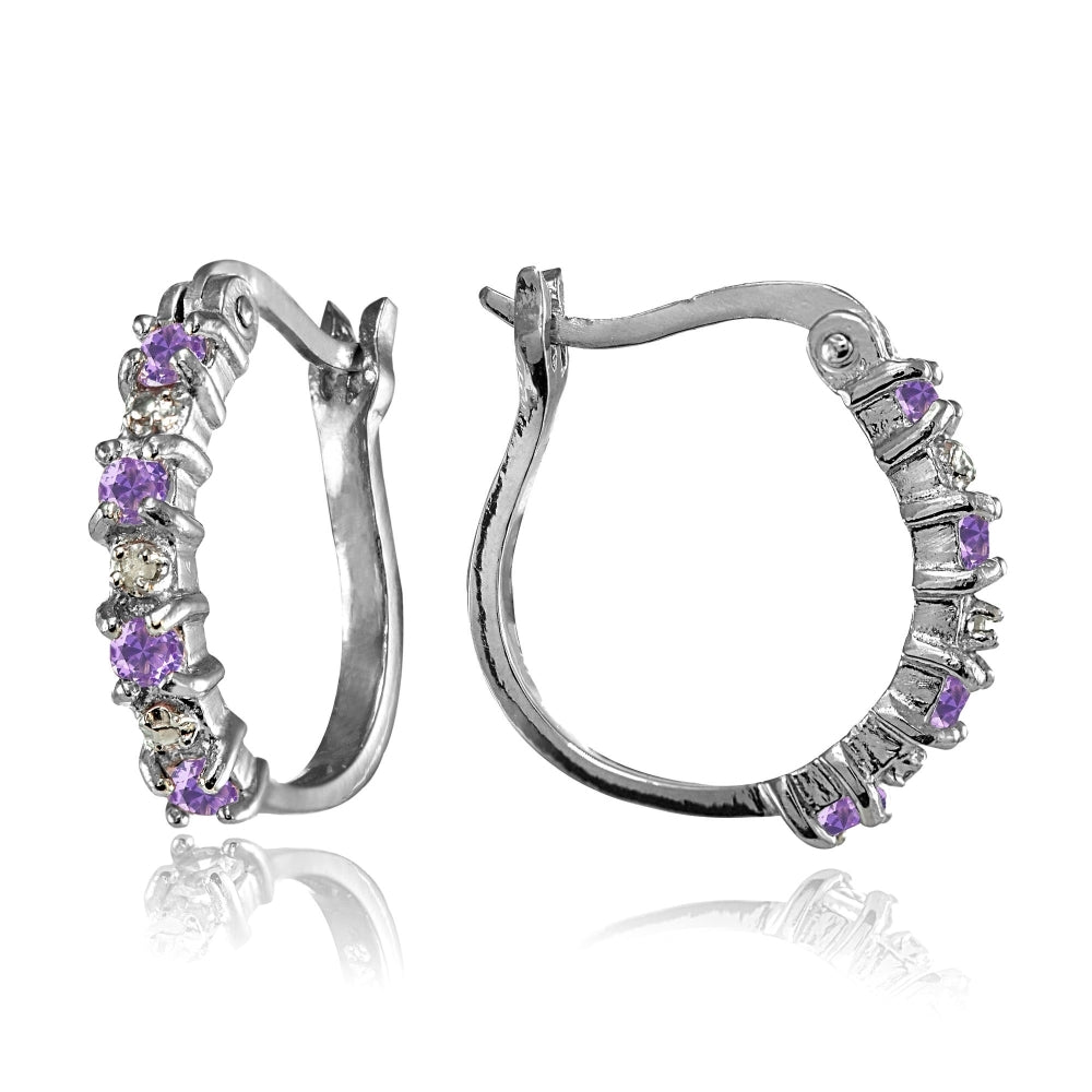 Sterling Silver Polished Created Amethyst Round Hoop Earrings