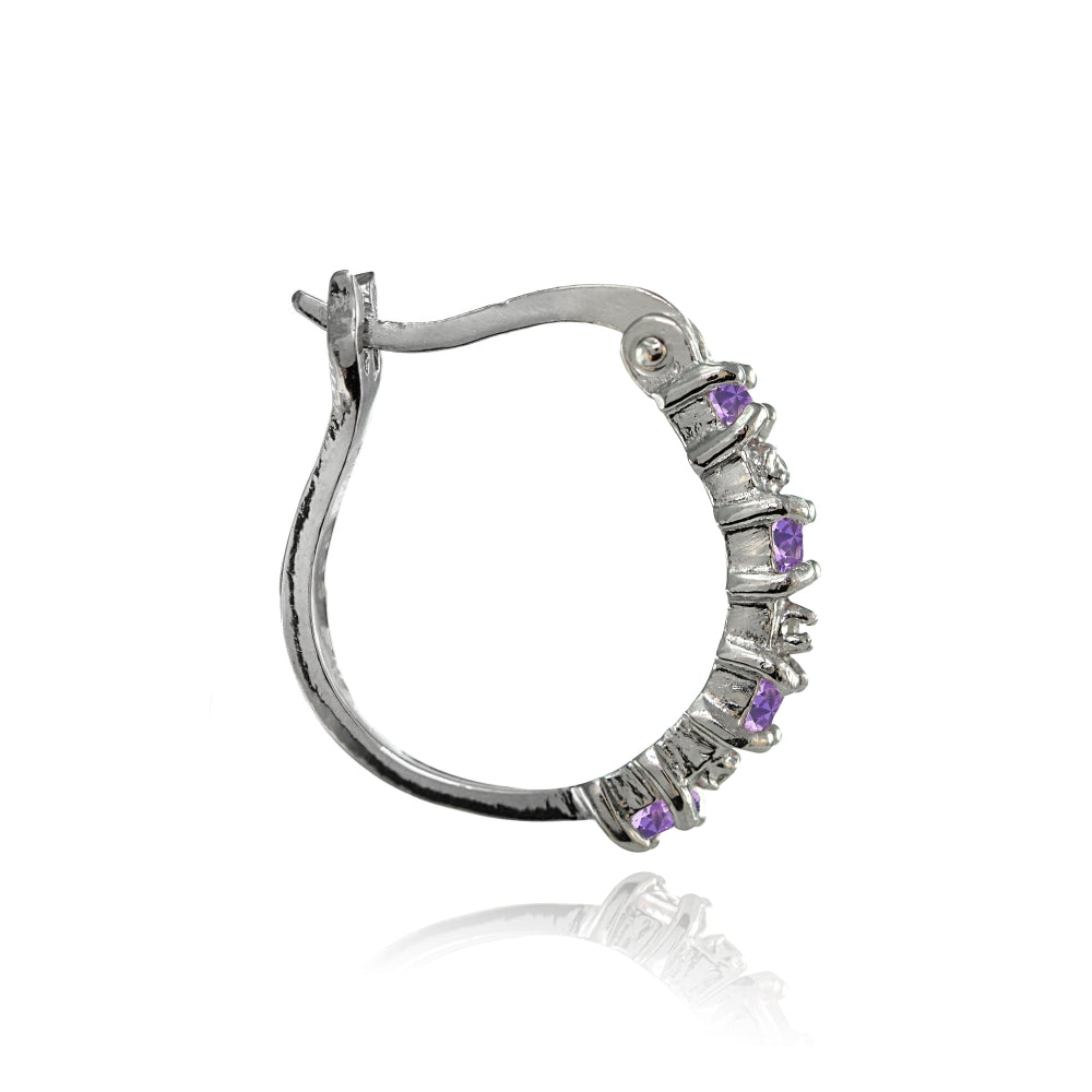 Sterling Silver Polished Created Amethyst Round Hoop Earrings-2