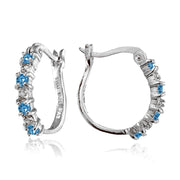 Sterling Silver Polished Created Blue Topaz Round Hoop Earrings