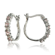 Sterling Silver Polished Created Pink Tourmaline Round Hoop Earrings