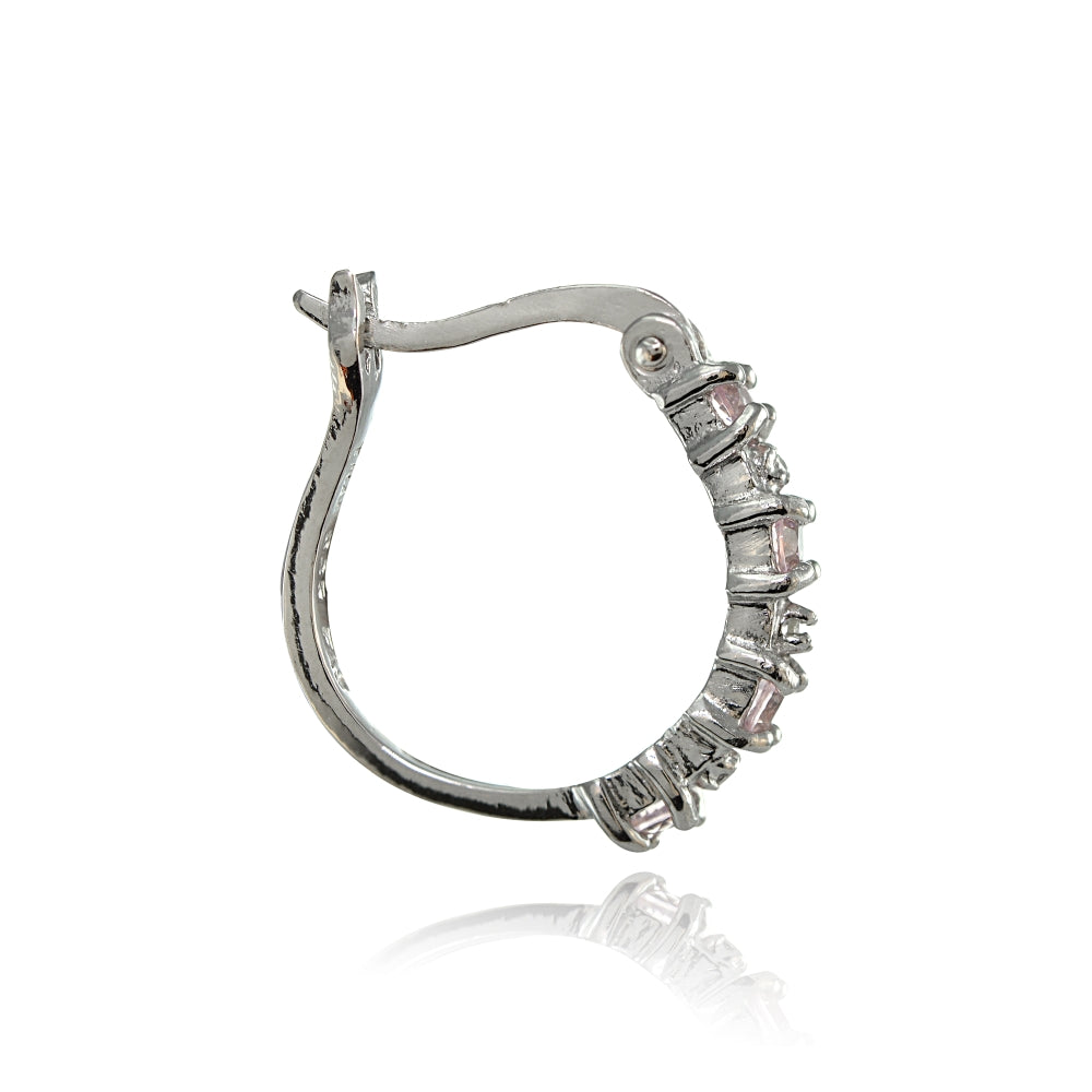 Sterling Silver Polished Created Pink Tourmaline Round Hoop Earrings-2