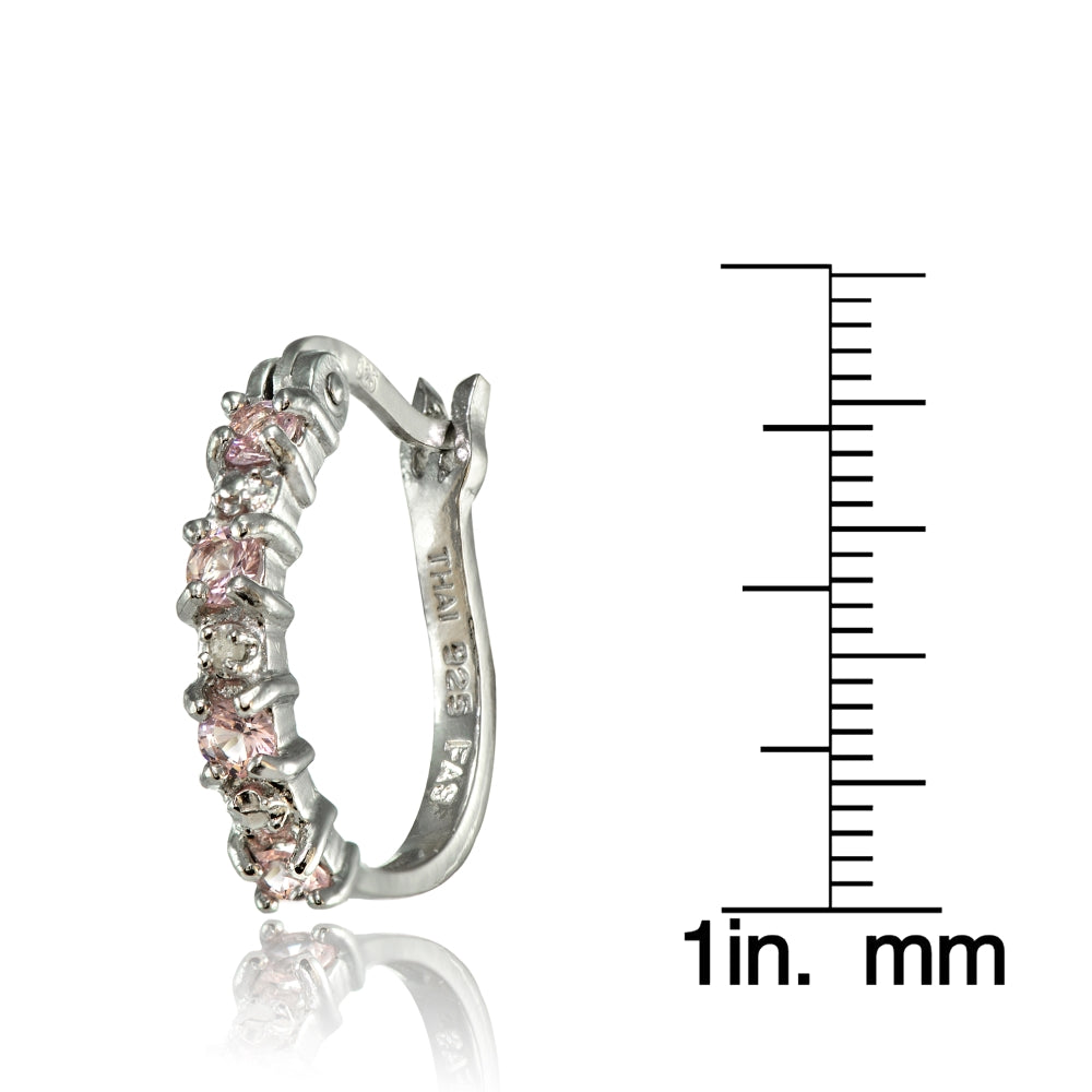 Sterling Silver Polished Created Pink Tourmaline Round Hoop Earrings-3