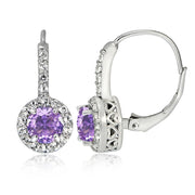 Sterling Silver Created Amethyst 5mm Round and CZ Accents Leverback Earrings