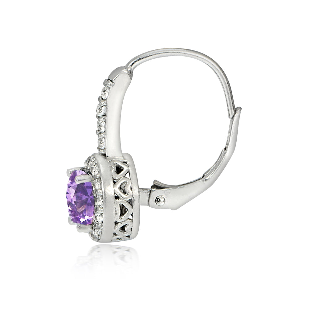 Sterling Silver Created Amethyst 5mm Round and CZ Accents Leverback Earrings-2