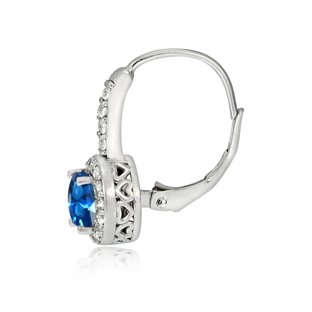 Sterling Silver Created London Blue Topaz 5mm Round and CZ Accents Leverback Earrings-2