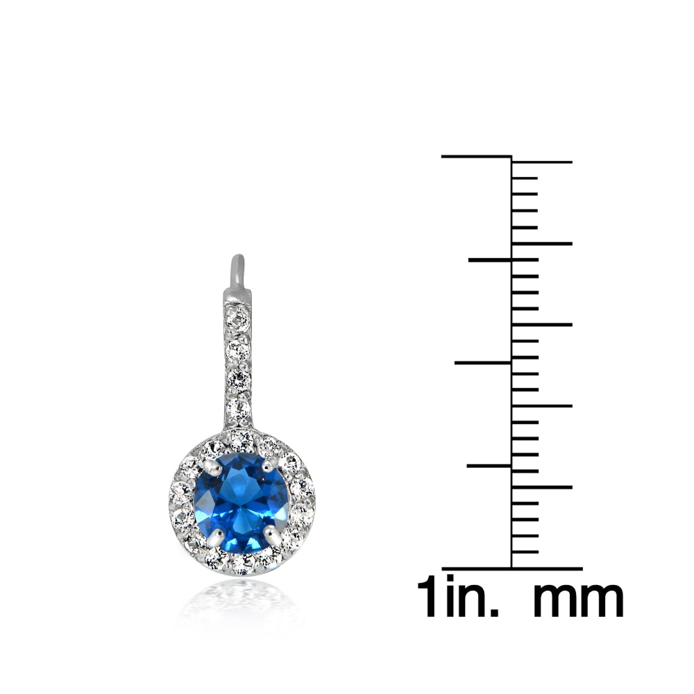 Sterling Silver Created London Blue Topaz 5mm Round and CZ Accents Leverback Earrings-3