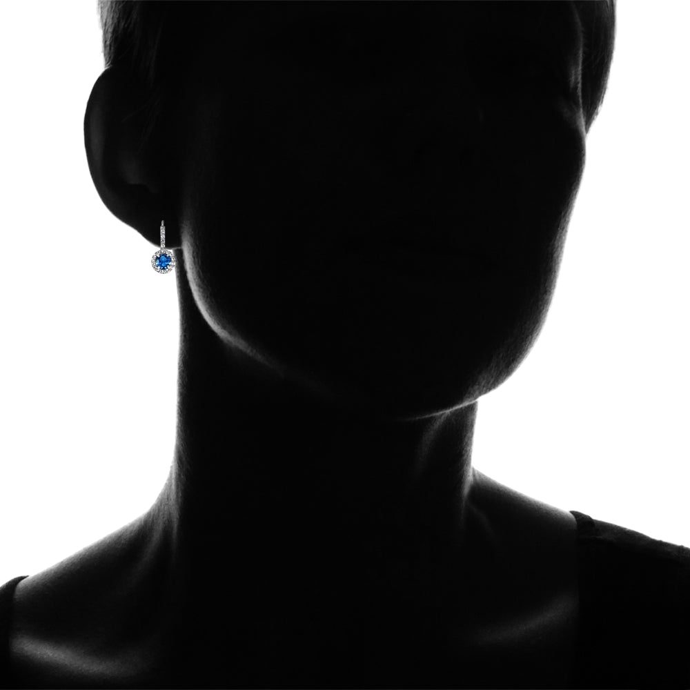 Sterling Silver Created London Blue Topaz 5mm Round and CZ Accents Leverback Earrings-4