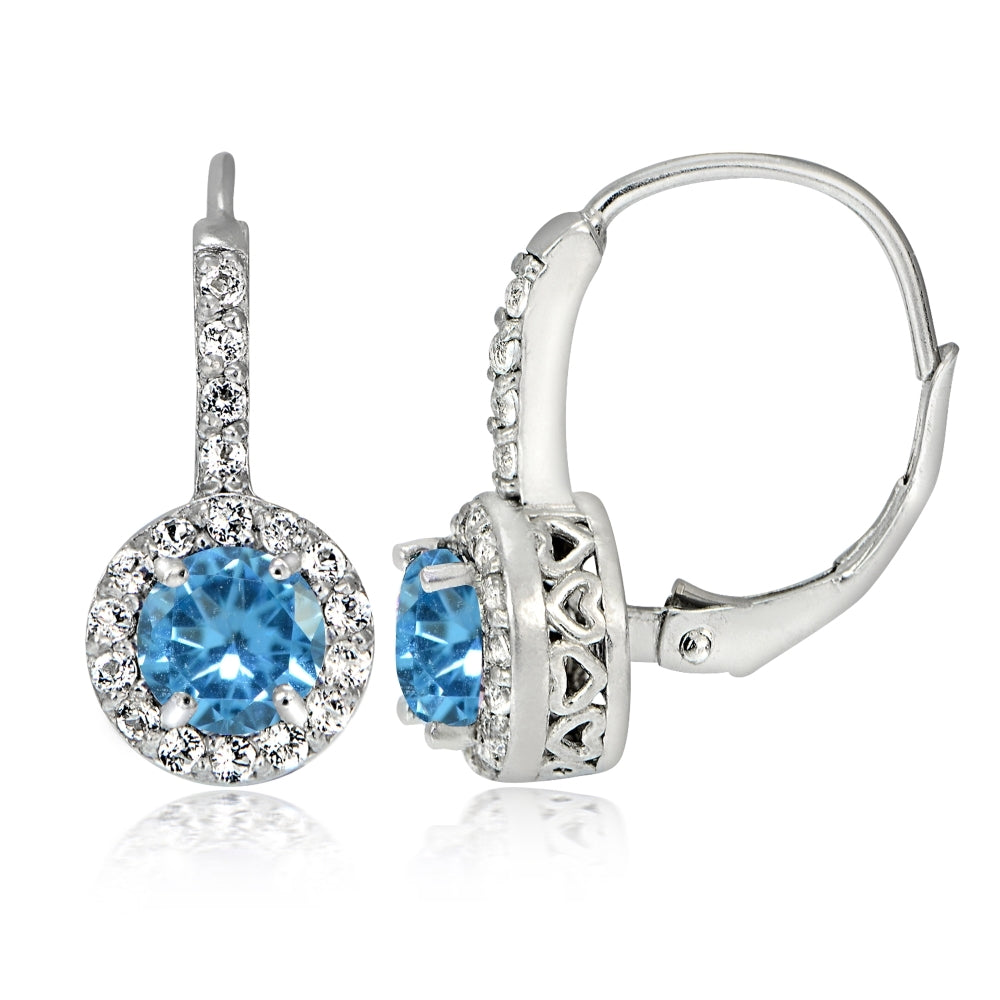 Sterling Silver Created Blue Topaz 5mm Round and CZ Accents Leverback Earrings