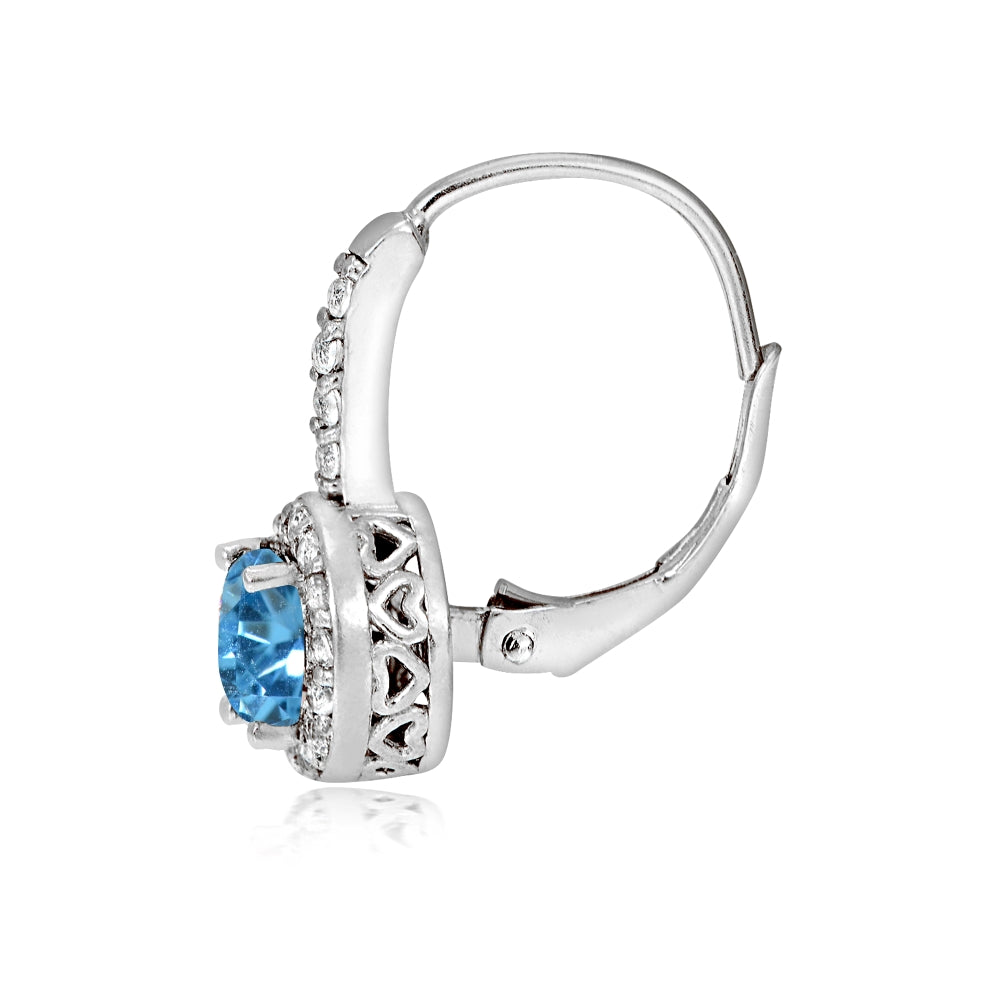 Sterling Silver Created Blue Topaz 5mm Round and CZ Accents Leverback Earrings-2