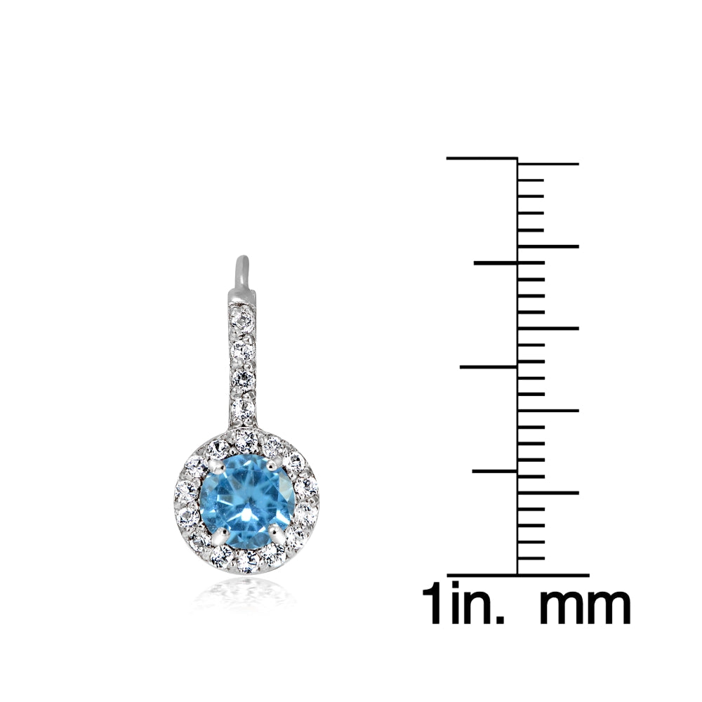 Sterling Silver Created Blue Topaz 5mm Round and CZ Accents Leverback Earrings-3