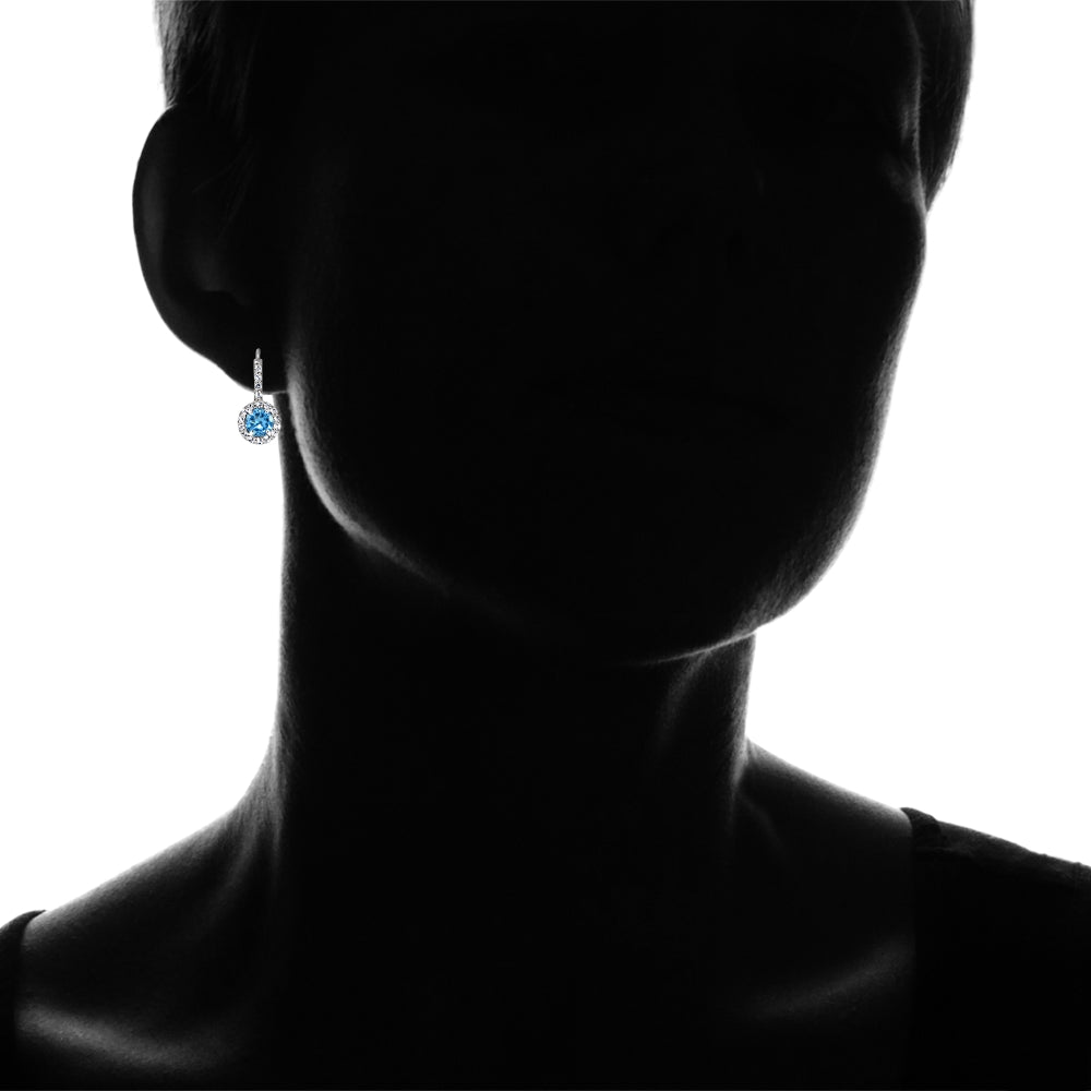 Sterling Silver Created Blue Topaz 5mm Round and CZ Accents Leverback Earrings-4