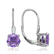 Sterling Silver Created Amethyst 7mm Round Solitaire Leverback Earrings