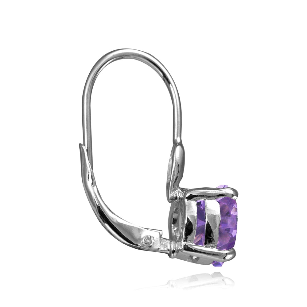 Sterling Silver Created Amethyst 7mm Round Solitaire Leverback Earrings-2