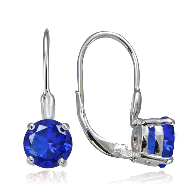 Sterling Silver Created Blue Sapphire 7mm Round Solitaire Leverback Earrings