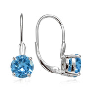 Sterling Silver Created Blue Topaz 7mm Round Solitaire Leverback Earrings