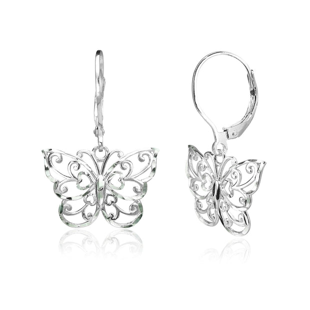 Sterling Silver Diamond-cut Filigree Butterfly Dangle Leverback Earrings