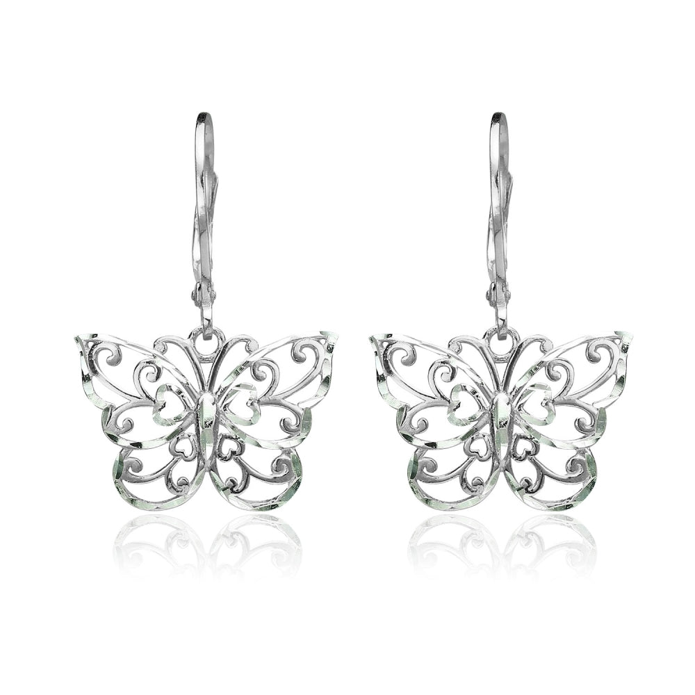 Sterling Silver Diamond-cut Filigree Butterfly Dangle Leverback Earrings-2