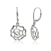 Sterling Silver  Diamond-cut Rose Flower Dangle Leverback Earrings