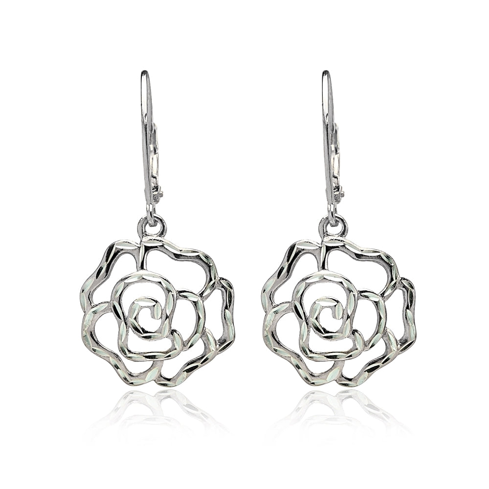 Sterling Silver  Diamond-cut Rose Flower Dangle Leverback Earrings-2