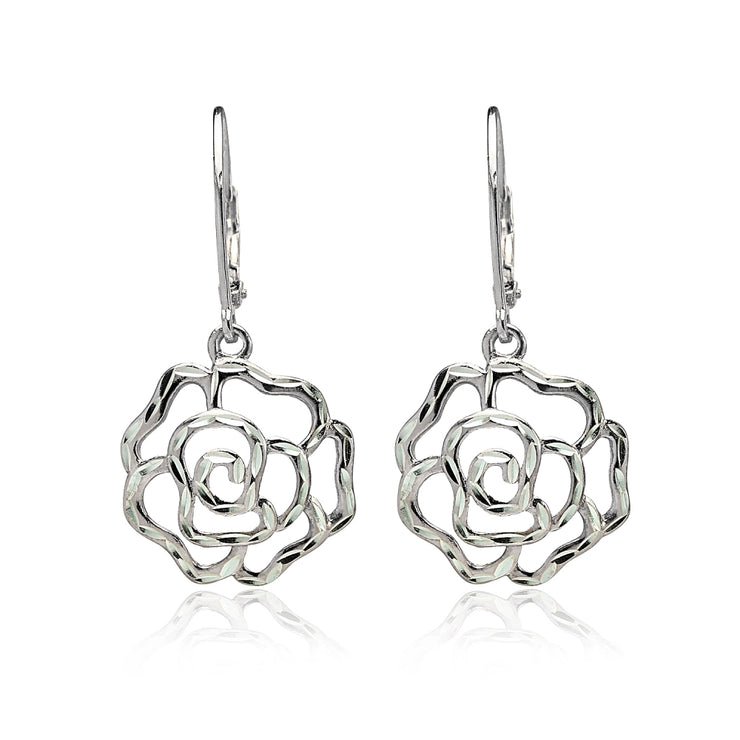Sterling Silver  Diamond-cut Rose Flower Dangle Leverback Earrings